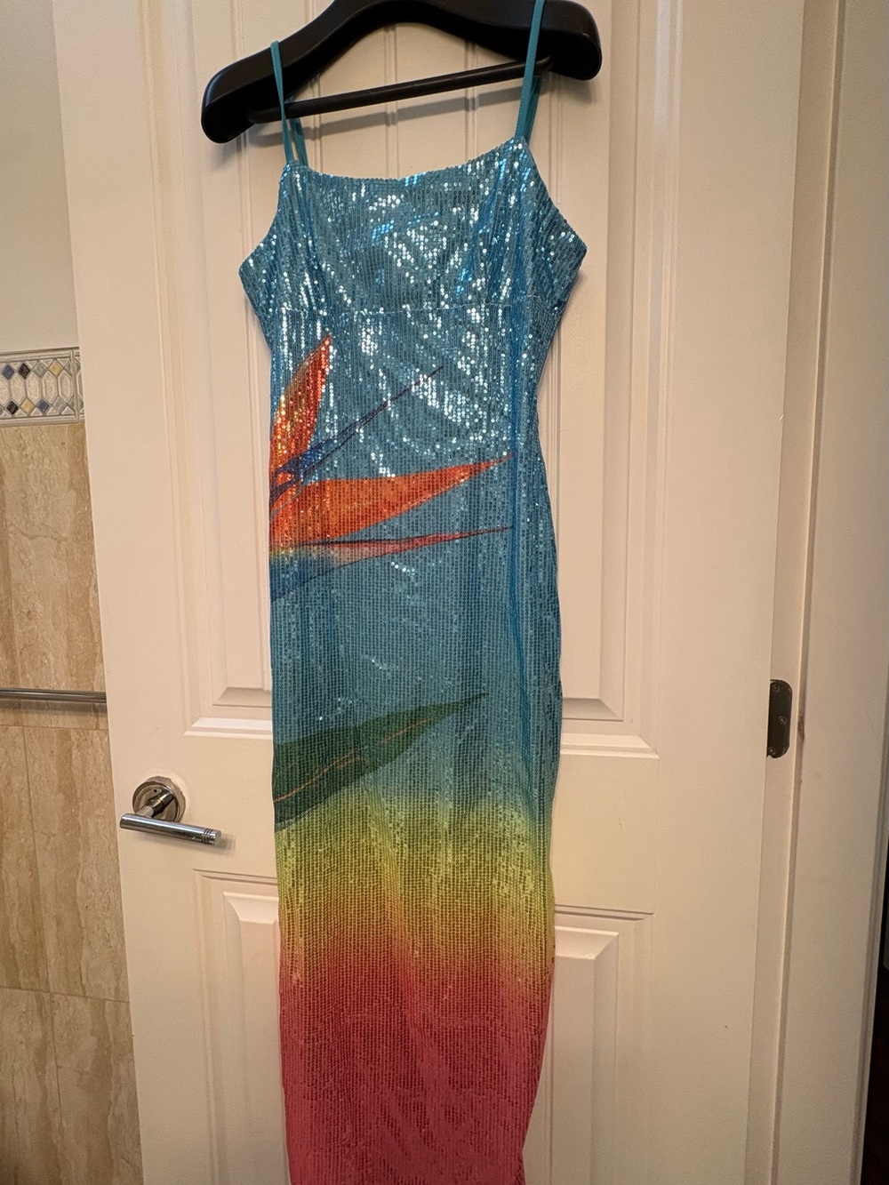 NEW Sequined Ombre Slip Dress with Tropical Motif- size M